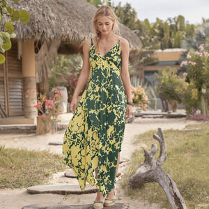 Sundance Soliloquies maxi Dress 8 Yellow green floral print sundress beach